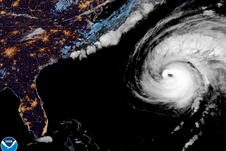 A satellite view as Hurricane Fiona moves up the United States Atlantic coast on Thursday night,