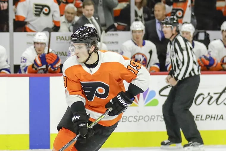Flyers rookie center Nolan Patrick skates with the puck against the New York Islanders in a recent game.