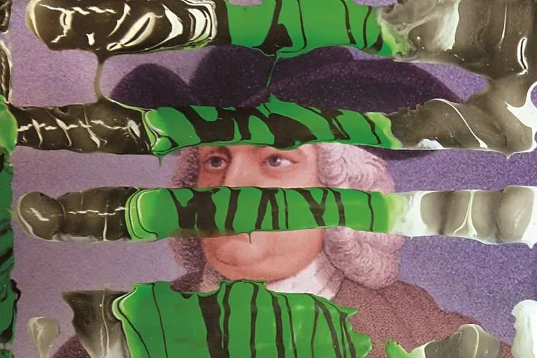 Jon Manteau's &quot;William Penn&quot; (2014), house paint on ink-jet print, at LG Tripp Gallery.The show is a vast carnival of the artist's diverse styles.