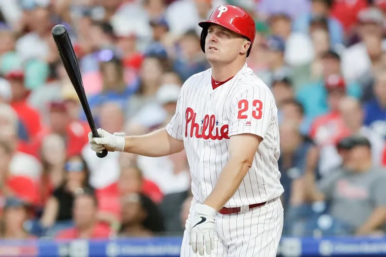 Phillies Jay Bruce reacts after striking out against the Los Angeles Dodgers on Monday, July 15, 2019 in Philadelphia.