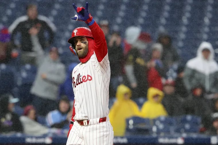 Bryce Harper celebrates his solo home run during the 1st inning on April 2, 2024 at Citizens Bank Park.