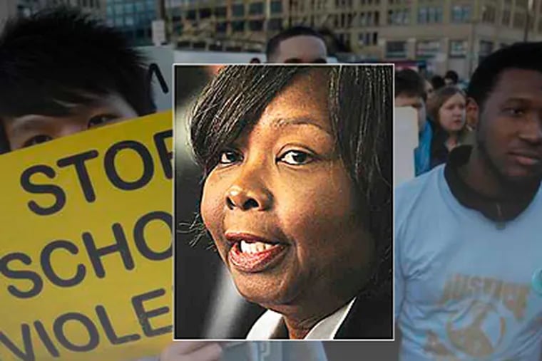 LaGreta Brown, who recently stepped down as principal at South Philadelphia High School, remains a school district employee. In the background, students rallied in response to violence at the school. (File photos)