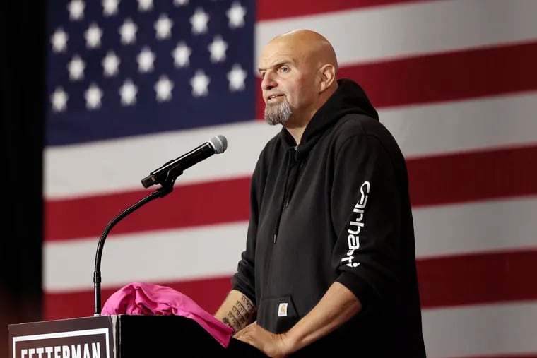 Pennsylvania Lieutenant Governor and Democratic U.S. Senate candidate John Fetterman speaks during his rally at Montgomery County Community College.