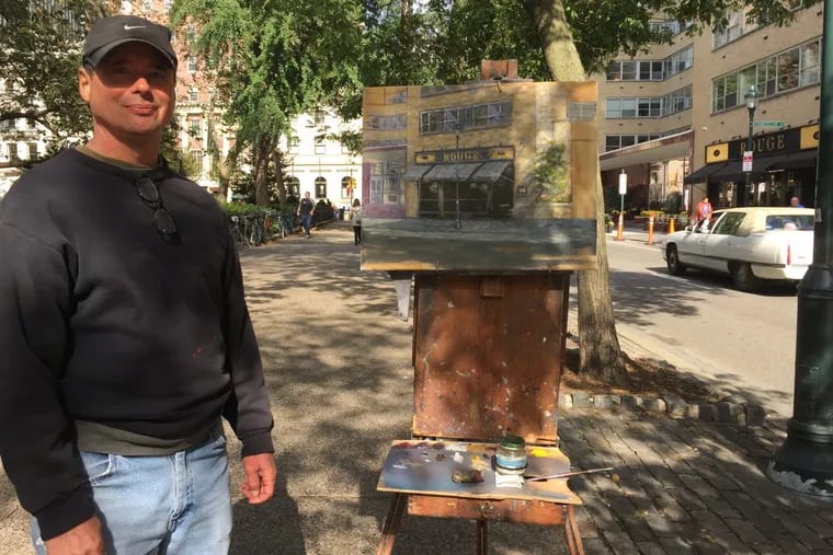 Mark Campana, 62, at Rittenhouse Square with his painting of Rouge.