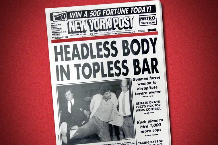 The front page of the New York Post from April 15, 1983, featuring the iconic headline: "Headless Body in Topless Bar."