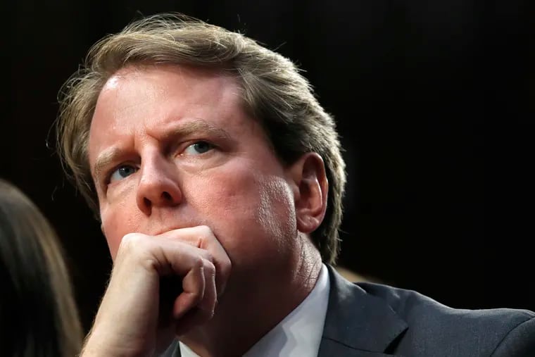 FILE - In this Sept. 4, 2018, file photo, White House counsel Don McGahn listens as he attends a confirmation hearing for Supreme Court nominee Brett Kavanaugh before the Senate Judiciary Committee on Capitol Hill in Washington.