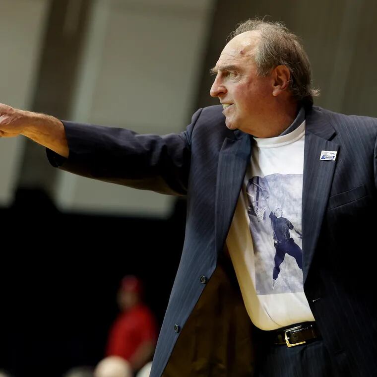 Coach Fran Dunphy of La Salle instructs his team during a game against  Davidson on Jan. 24, 2023.