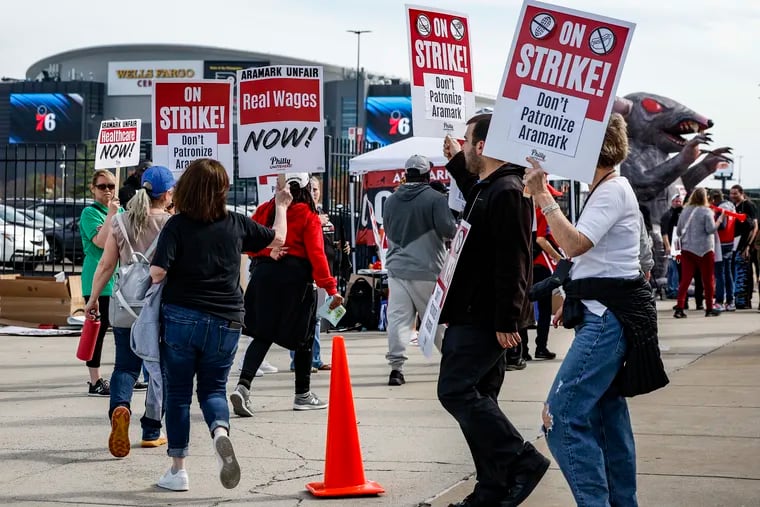 Aramark workers on strike protest outside the Wells Fargo Center before the Sixers-Pistons game on April 9, 2024. The workers, members of Unite Here Local 274, have again called for a work stoppage as they demand better pay and health care coverage in a new contract.