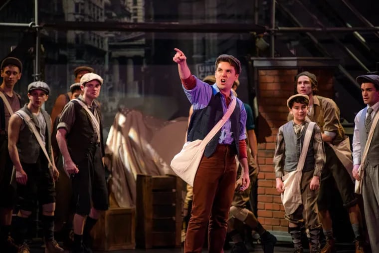Jeff Sundheim (center) as Jack Kelly in “Newsies” through June 10 at the Media Theatre.