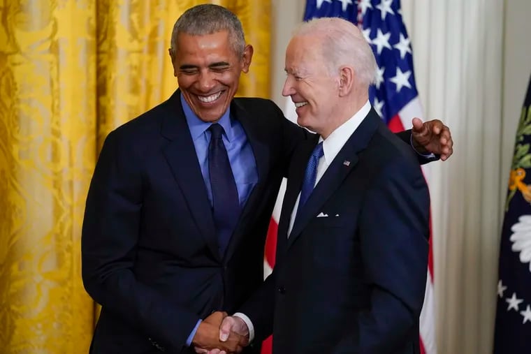 President Joe Biden and former President Barack Obama (left) are visiting Philadelphia on Saturday to campaign for Pennsylvania Democrats.