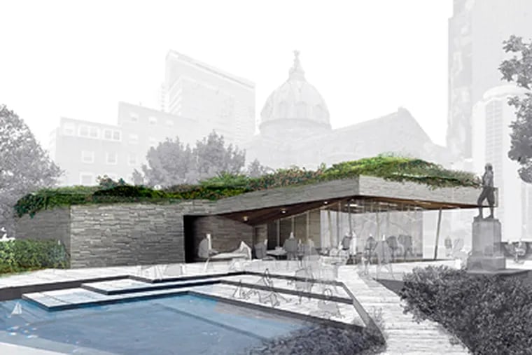 An architect’s rendering of Sister Cities Plaza. The pond is fed by a stream, and the low roof of the cafe is covered with plantings. (DIGSAU)