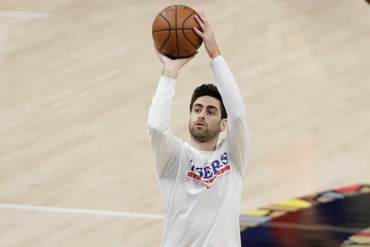 Sixers guard Furkan Korkmaz shoots the basketball during warm-ups before the Sixers play the Atlanta Hawks in Game 4 of the NBA Eastern Conference playoff semifinals on Monday.