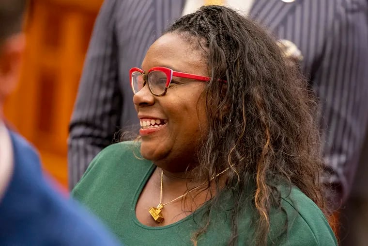 City Councilmember Kendra Brooks stands in the chamber as Philadelphia City Council meets Sept. 14, 2023. She and her running mate Nicolas O'Rourke each outraised their Republican opponents, according to campaign finance reports filed this week.