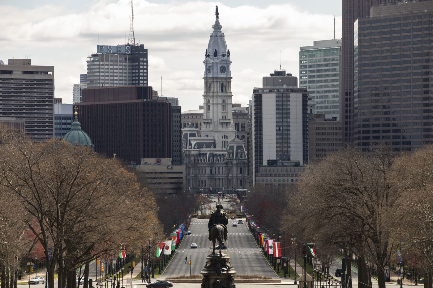 Traffic is light on The Ben Franklin Parkway as seen from Art Museum stairs in Philadelphia, Pa. on Tuesday, March 24, 2020. Gov. Tom Wolf on Monday ordered that schools remain closed until early April and issued a stay-at-home order for the seven counties that have been hardest hit by the coronavirus, that includes Philadelphia and the suburbs.