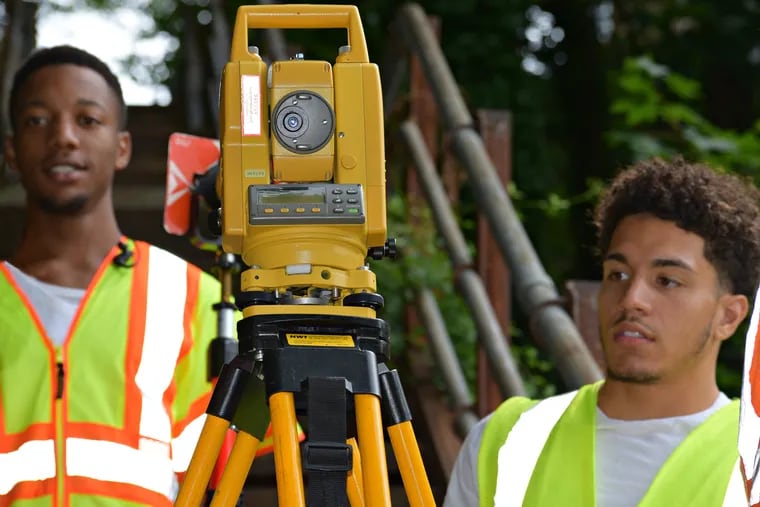 Zerrick Nathanial (left) and Nate Garcia are two of the Streets Departments' surveying apprentices.