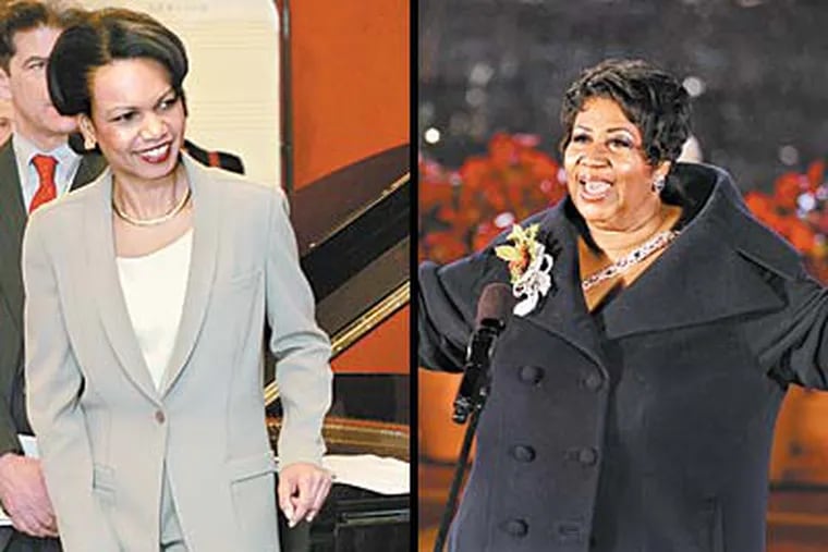 Former Secretary of State Condoleezza Rice and Aretha Franklin, right, are scheduled to perform Tuesday with the Philadelphia Orchestra. Activists are talking of protesting Rice’s participation.