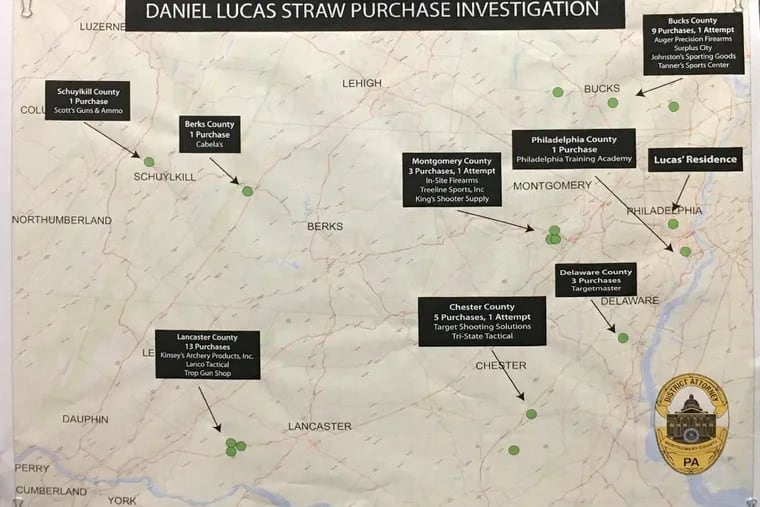 Daniel Lucas spent nearly three months traveling throughout Southeastern Pennsylvania to purchase guns that investigators say were then illegally given to others.