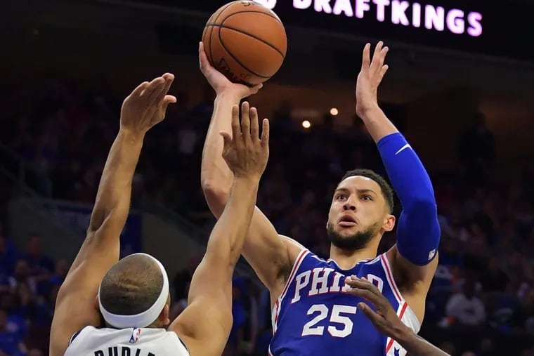 Ben Simmons (25) shooting over Jared Dudley during Game 1.