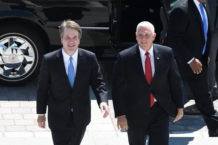 U.S. Vice President Mike Pence, right, and Supreme Court nominee Brett Kavanaugh arrive at the U.S. Capitol on July 10, 2018 in Washington, D.C.