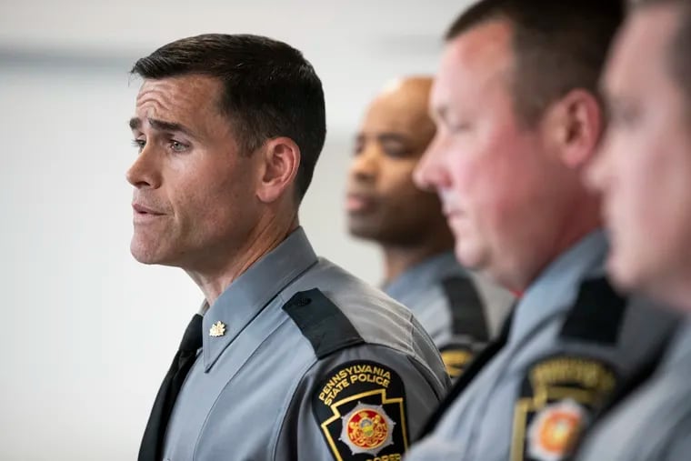 State Police Capt. Gerard McShea speaks during a news conference at the Pennsylvania State Police Troop K Barracks in Philadelphia on Monday. A state trooper shot and killed 18-year-old Anthony Allegrini Jr., of Glen Mills, on the highway early Sunday during a street racing incident.