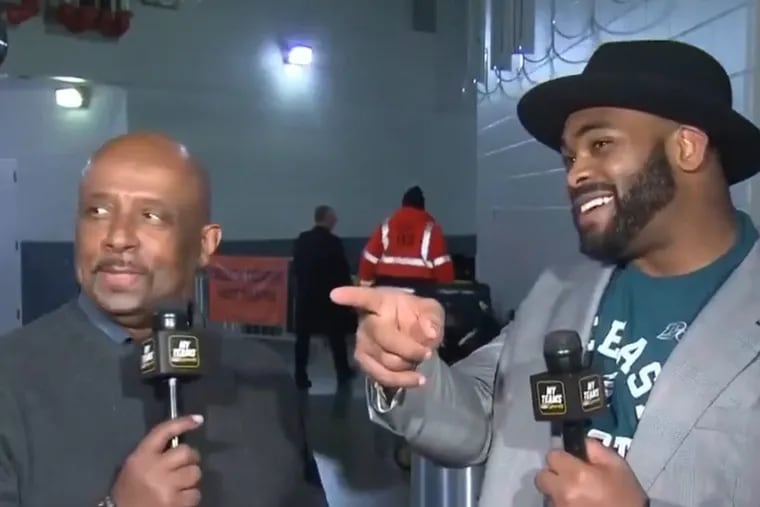 Eagles defensive end Brandon Graham taunts a Dallas Cowboys fan during a post-game interview with NBC Sports Philadelphia's Derrick Gunn after Sunday's win over the Giants.