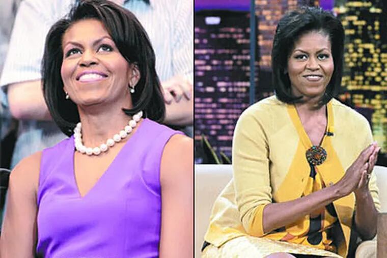 Michelle Obama wears what she wants. Purple at a June rally. The yellow ensemble for a Jay Leno interview.