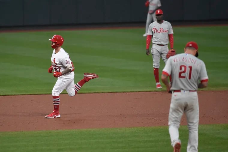 St. Louis' Tyler O'Neill, left, runs the bases after hitting a home run during the second inning Wednesday against the Phillies. The Phillies have been middling since their hot start to the season.