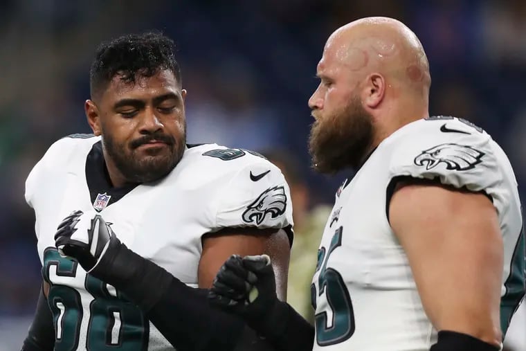 Eagles offensive tackle Jordan Mailata (left) with teammate offensive tackle Lane Johnson before the Eagles play the Detroit Lions on Sunday, October 31, 2021 in Detroit.