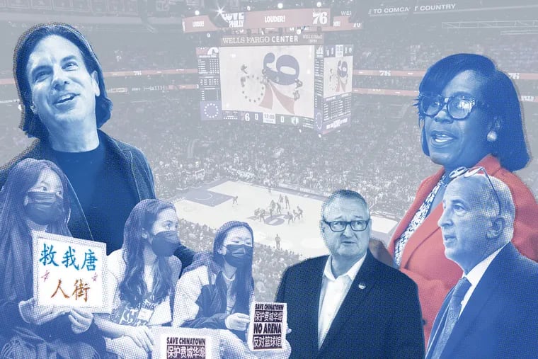The future of the Sixers proposed arena depends on (from left) part owner and developer David Adelman, Chinatown residents, Mayor Jim Kenney, Democratic mayoral candidate Cherelle Parker and Councilmember Mark Squilla.