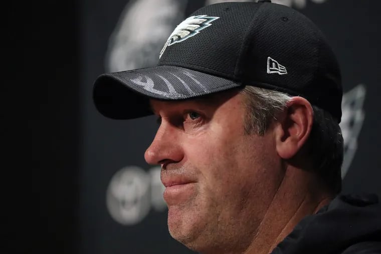 Eagles head coach Doug Pederson pauses during a weekly news conference.
