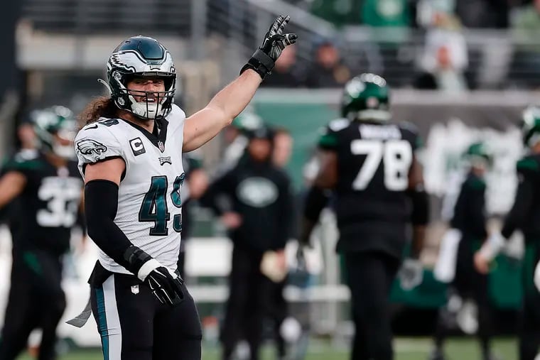 Philadelphia Eagles outside linebacker Alex Singleton celebrates after the Jets failed to convert on fourth down in the fourth quarter. Eagles win 33-18 over the Jets at MetLife Stadium in East Rutherford, New Jersey on Sunday, Dec. 5, 2021.