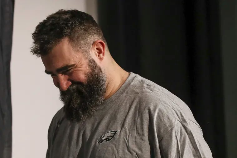 Jason Kelce smiles while entering his press conference at the Eagles’ NovaCare Complex in February. The Eagles will depart to Arizona for Super Bowl LVII this weekend.