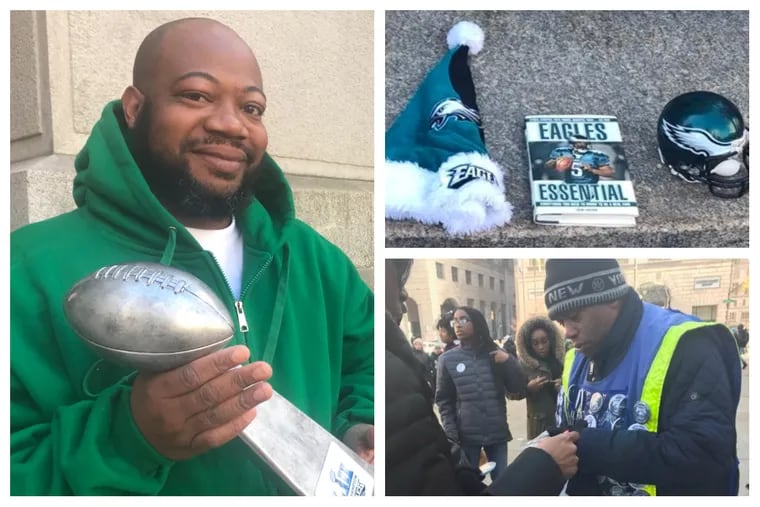 Mini-Lombardi trophies, buttons, books, hats and hand warmers were for sale at the Eagles parade on Thursday.
