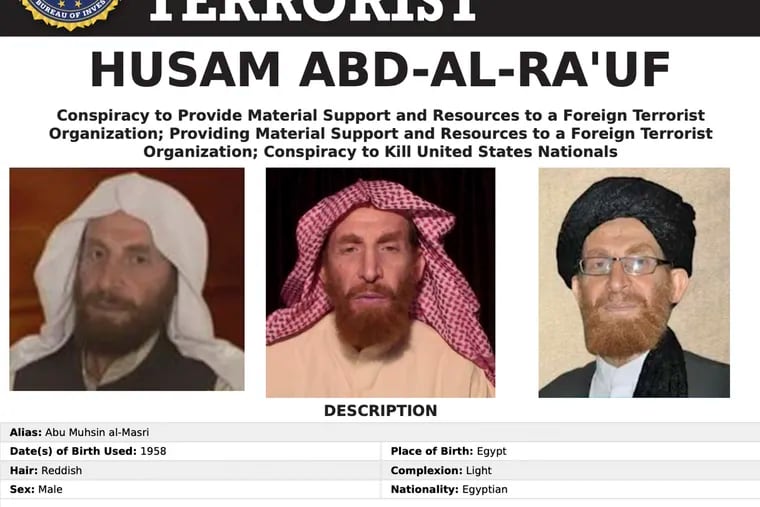 This image released by the FBI shows the wanted poster of al-Qaida propagandist Husam Abd al-Rauf, also known by the nom de guerre Abu Muhsin al-Masri. Afghanistan claimed Sunday, Oct, 25, 2020, it killed the top al-Qaida propagandist on an FBI most-wanted list during an operation in the country's east, showing the militant group's continued presence there as U.S. forces work to withdraw from America's longest-running war amid continued bloodshed.  Al-Qaida did not immediately acknowledge al-Rauf's reported death. The FBI, the U.S. military and NATO did not immediately respond to requests for comment.