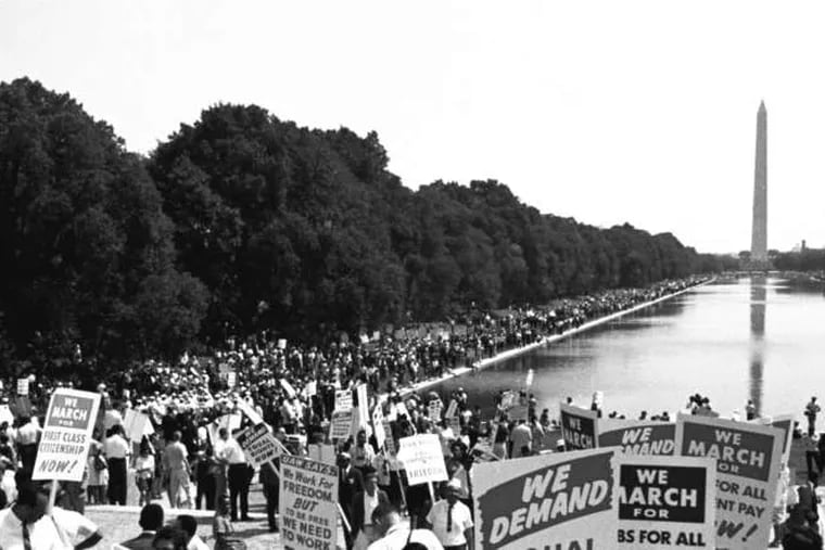 Throngs milling Aug. 28, 1963, at the Lincoln Memorial. Has the dream been achieved?