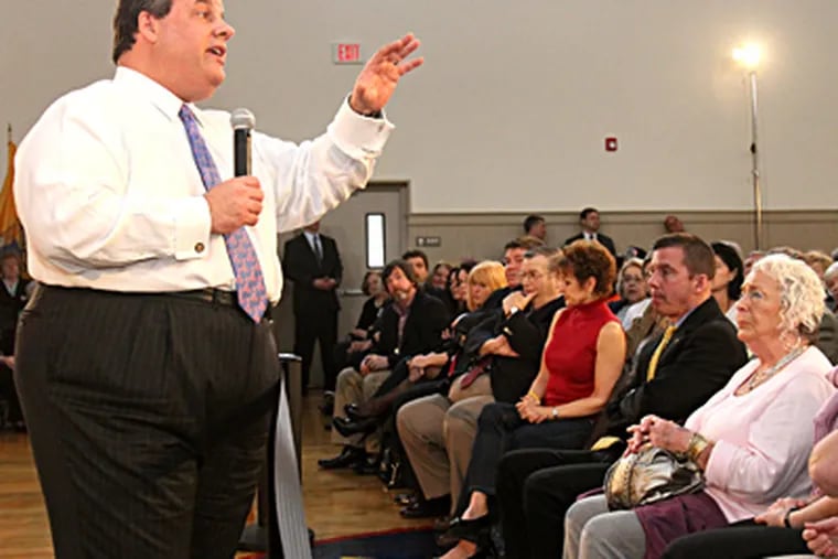 New Jersey Gov. Christie answers questions during a town-hall
meeting in Roebling. CHARLES FOX / Staff Photographer