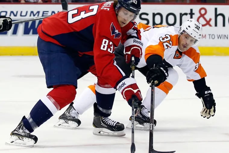Capitals center Jay Beagle (83) works the puck as he is defended by Philadelphia Flyers defenseman Mark Streit (32), from Switzerland, in the first period of an NHL hockey game, Sunday, Dec. 15, 2013, in Washington. (Alex Brandon/AP)