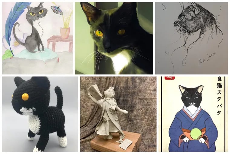 Stabatha the cat as imagined by six different artists.