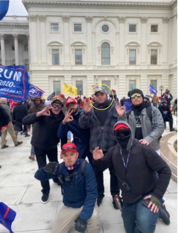 Zach Rehl (top left), Isaiah Giddings (center), Freedom Vy (bottom left), and Brian Healion (bottom right) on the Upper West Terrace of the U.S. Capitol on Jan. 6, according to investigators.