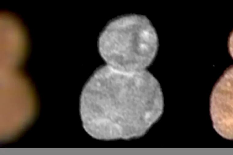 This image made available by NASA on Wednesday, Jan. 2, 2019 shows images with separate color and detail information, and a composited image of both, showing Ultima Thule, about 1 billion miles beyond Pluto. The New Horizons spacecraft encountered it on Tuesday, Jan. 1, 2019. (NASA via AP)