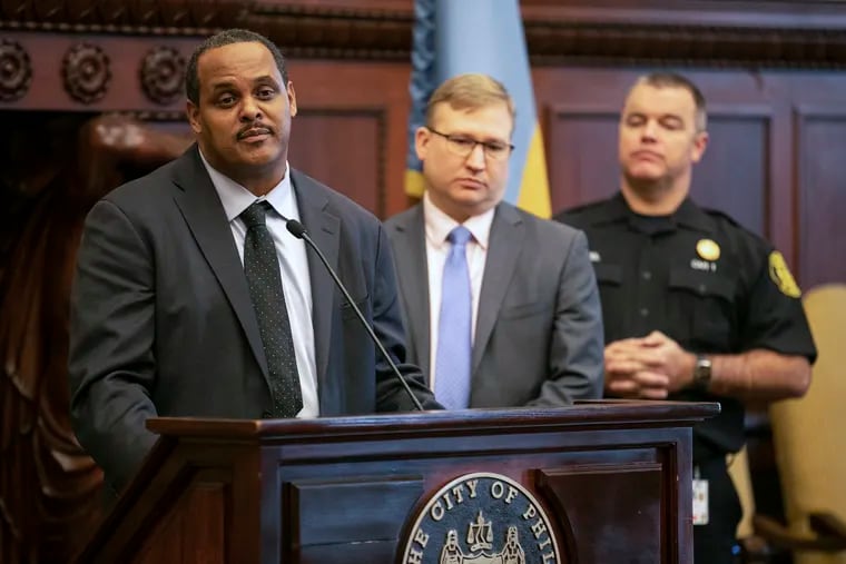 In this 2020 file photo, Carlton Williams, commissioner of the Philly Department of Streets, speaks during a press conference in the Mayor's Reception Room. Next to him are former Managing Director Brian Abernathy, center, and then-Fire Commissioner Adam Thiel. Williams will lead a new Office of Clean and Green Initiatives. Thiel will be managing director.
