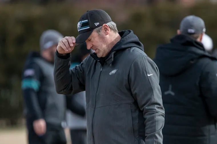 Eagles head coach Doug Pederson during  practice at the NovaCare Center in January.