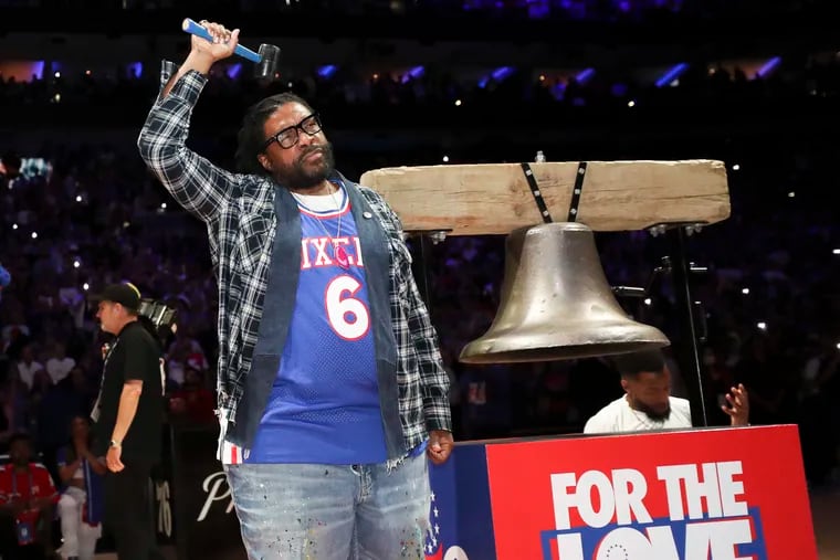 Questlove rings the bell before the start of a Sixers playoff game against the Boston Celtics at the Wells Fargo Center.