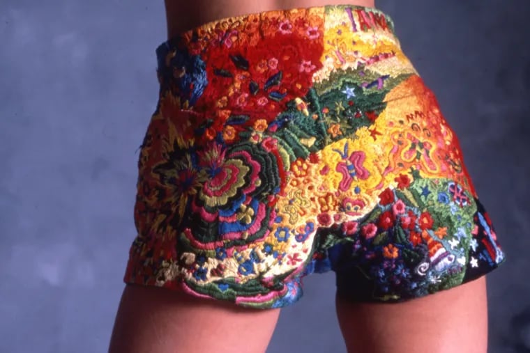 Anna VA Polesny's cotton, denim embroidered shorts she made in 1973. These shorts won her a fourth-place prize in Levi's Denim Art Contest in 1973. The shorts are a gift to the Philadelphia Museum of Art from The Julie Schafler Dale Collection.