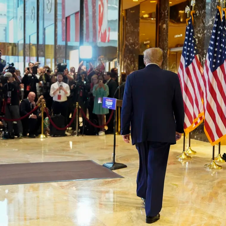 Former President Donald Trump arrives to speak at a news conference at Trump Tower on Friday, . a day after a New York jury found Donald Trump guilty of 34 felony charges. (AP Photo/Julia Nikhinson)