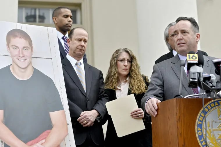 Senate Majority Leader Jake Corman, announcing anti-hazing legislation last week outside the Centre County preliminary hearing for former Penn State fraternity brothers charged in Tim Piazza’s death. (Abby Drey/Centre Daily Times/TNS)