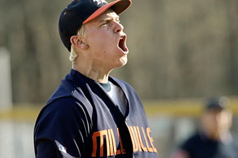 Millville pitcher Aaron Cox helped Millville earn a 2-0 win over St. Augustine. (Elizabeth Robertson/Staff Photographer)