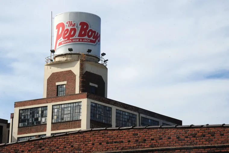 Pep Boys' Allegheny Avenue headquarters (above) will stay open . . . for now. The auto chain, which began in West Philly in 1921, is known for its mascots, Manny, Mo and Jack (left), named for its co-founders.