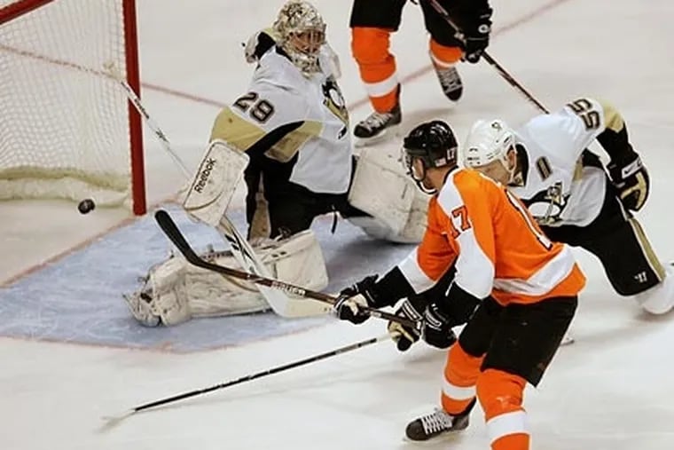 Jeff Carter scored 181 goals while he was with the Flyers, including this one when he beat Penguins goalie Marc-André Fleury.