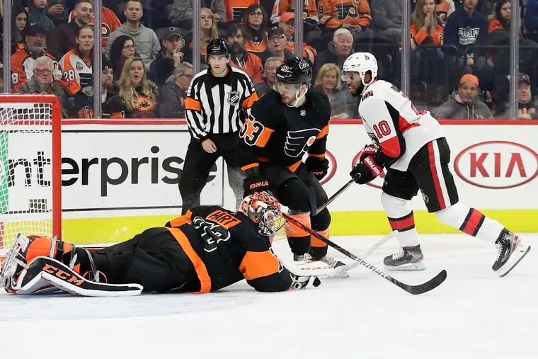 Ottawa Senators left winger Anthony Duclair (right) scores a shorthanded goal as Flyers defenseman Shayne Gostisbehere and goaltender Carter Hart try to defend last season. Duclair, an All-Star last season, is available in the free-agent market.